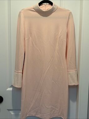Karl Lagerfeld Pale Pink Pearl-Trim Long Sleeve Shift Dress